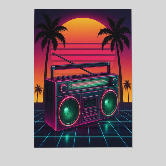 Retro Synthwave Wall Art - 80s Vaporwave Neon Boombox Poster