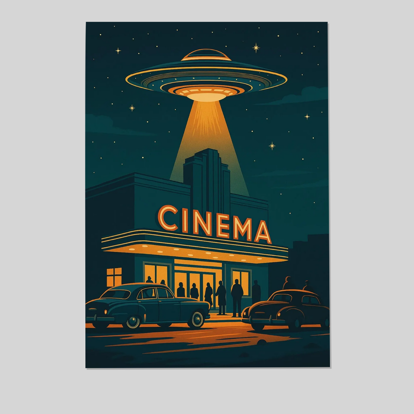 Retro UFO Cinema Poster, Mid Century Sci Fi Wall Art, Space Age Illustration