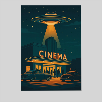 Retro UFO Cinema Poster, Mid Century Sci Fi Wall Art, Space Age Illustration