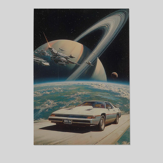 Retro Sci Fi Wall Art, Space Car Poster, Vintage Futuristic Print, Cosmic Saturn Artwork, Sci Fi Fantasy Illustration, Retro Space Decor
