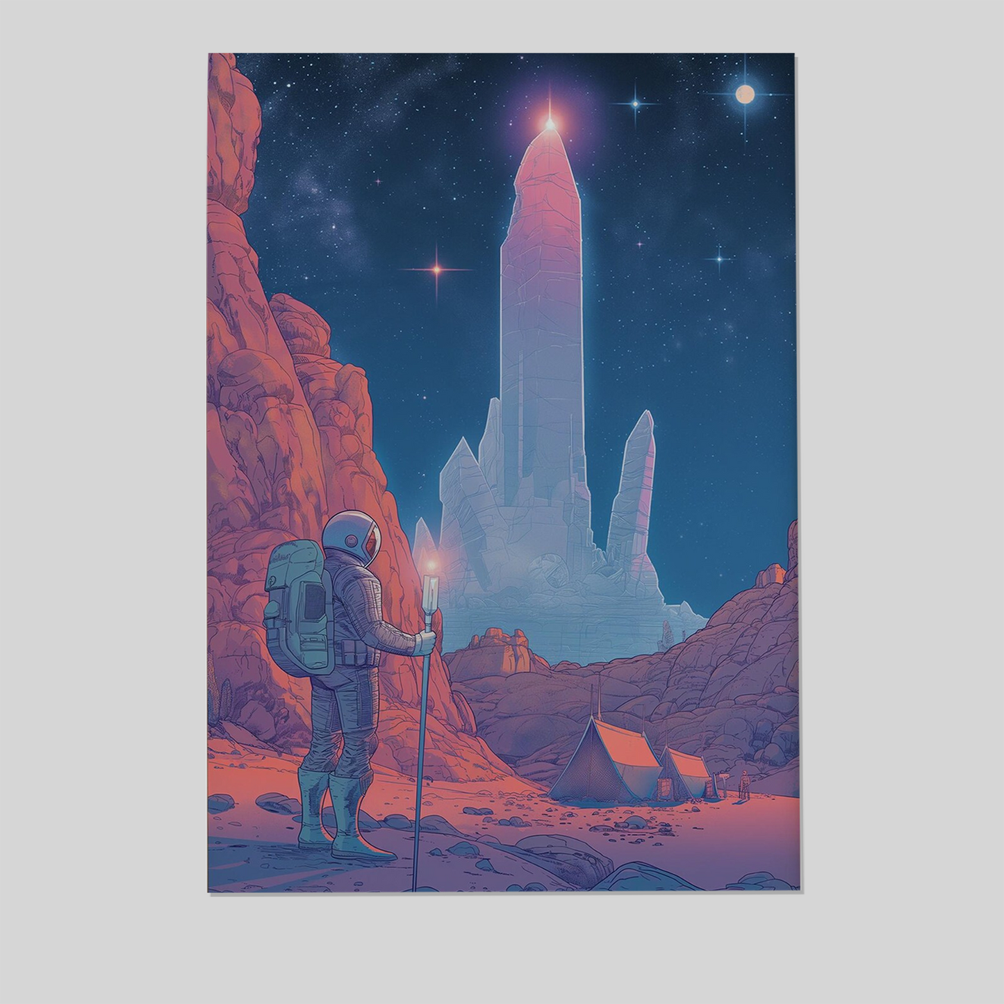Retro Sci-Fi Astronaut Art Print - Alien Monolith Landscape - Vintage Space Explorer Poster - Moebius Inspired Art