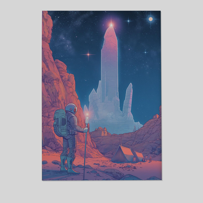 Retro Sci-Fi Astronaut Art Print - Alien Monolith Landscape - Vintage Space Explorer Poster - Moebius Inspired Art