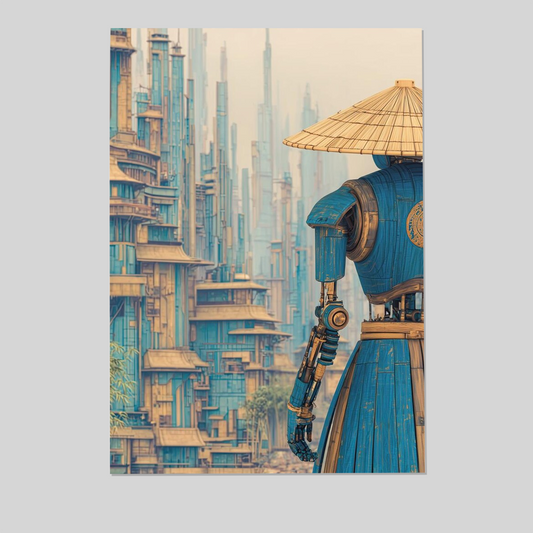 Silent City Watcher – Dreamy Sci-fi Wall Art – Contemplative Robot in Futuristic Metropolis – Retro Solarpunk Mood