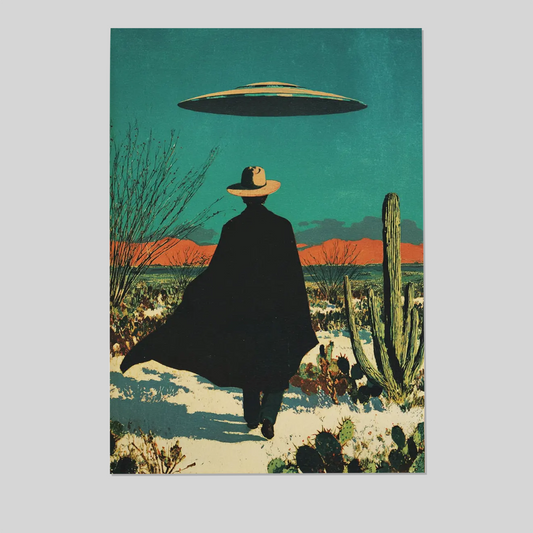 Teal Desert UFO Poster | Vintage Western Sci Fi Art Print | Cowboy Landscape Wall Decor