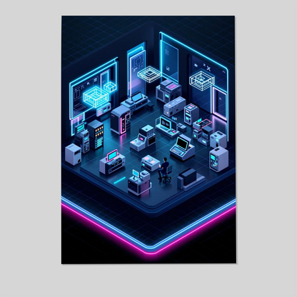 Retro Futurism Computer Lab Poster Isometric Neon Tech Wall Art