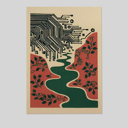 Circuit Board Landscape Print, Tech Nature Poster, Abstract River Art