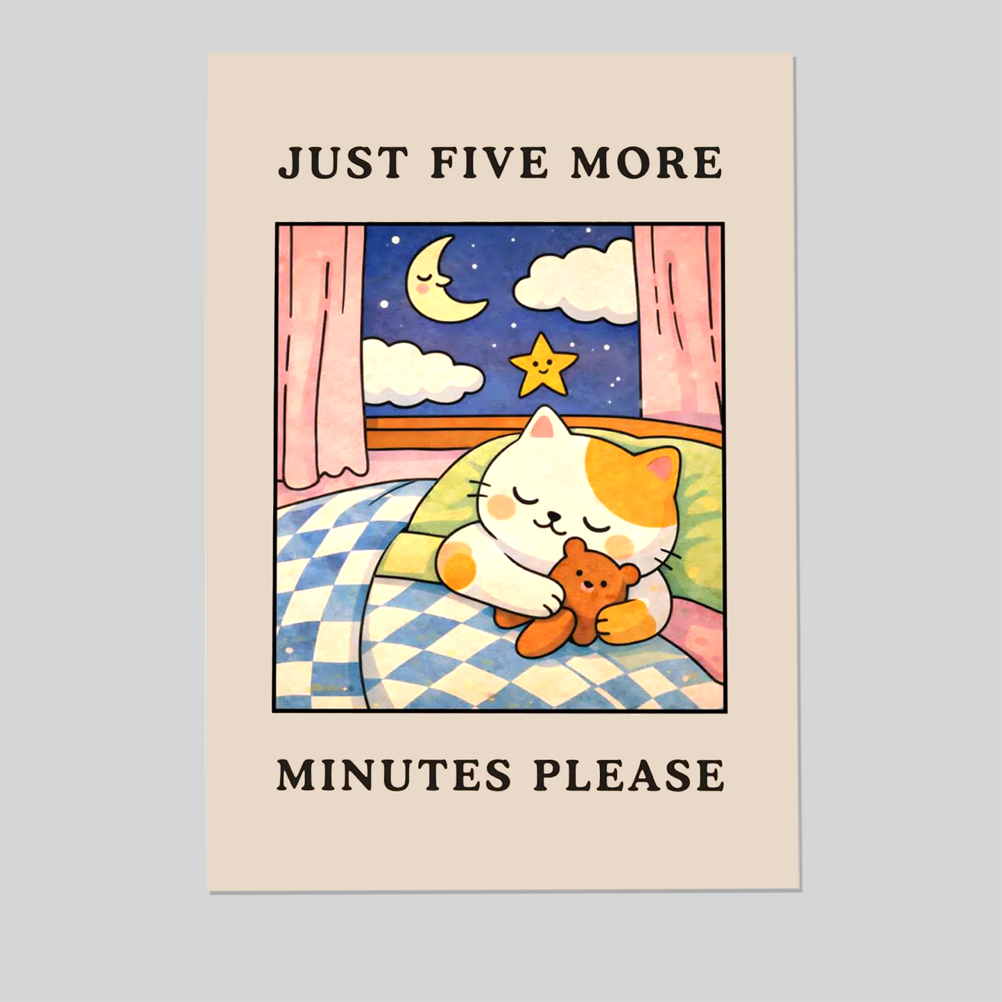 Just Five More Minutes Please - Cute Cat Bedroom Wall Art, Funny Sleep Poster, Cozy Night Decor, Cat Lover Gift Print