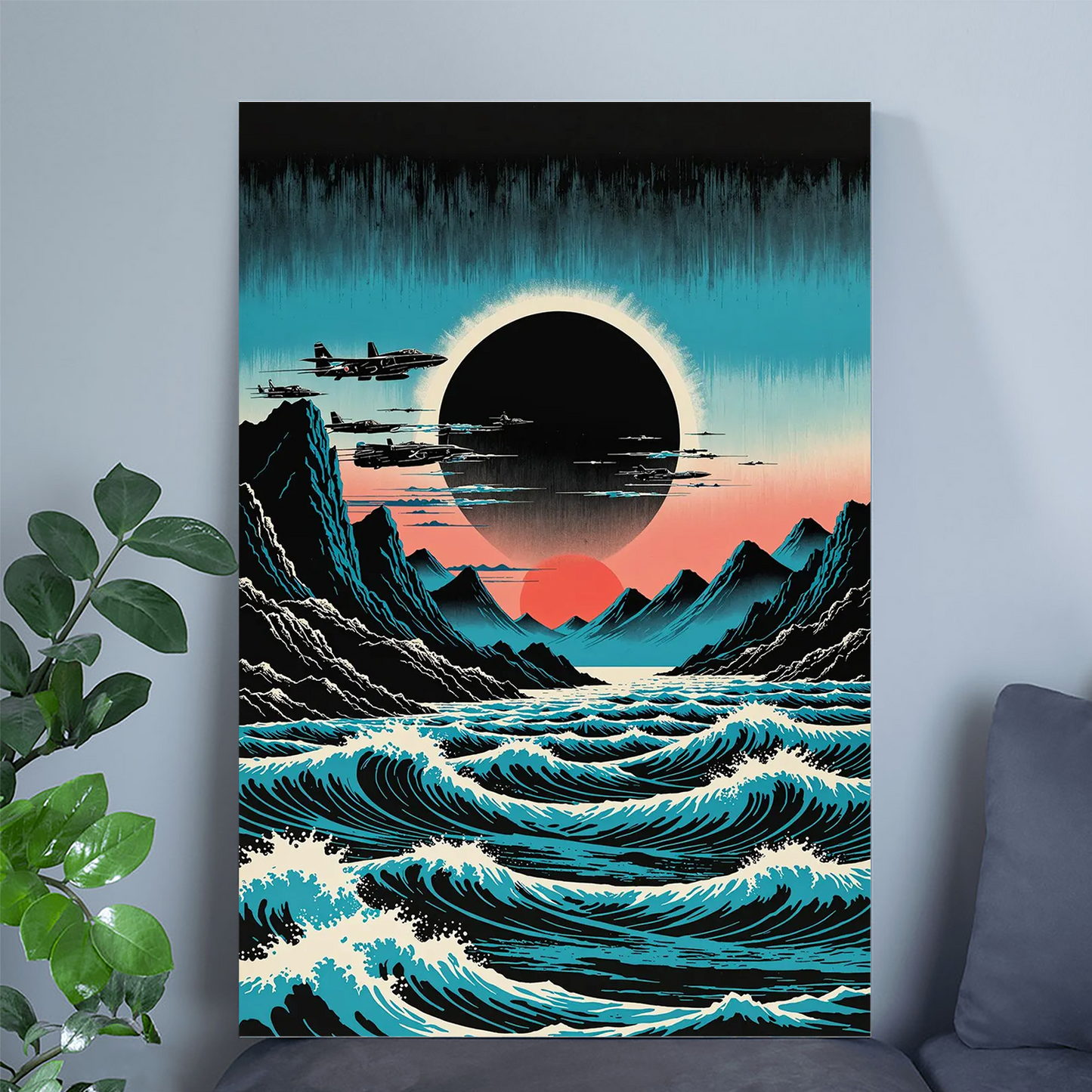 Retro Sci-Fi Eclipse Art Print | Ocean Landscape, Fighter Planes