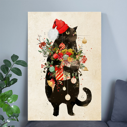 Christmas Gifts from Black Cats Poster, Whimsical Cat Santa Claus Art Poster, One Sheet Wall Size 24''x36''