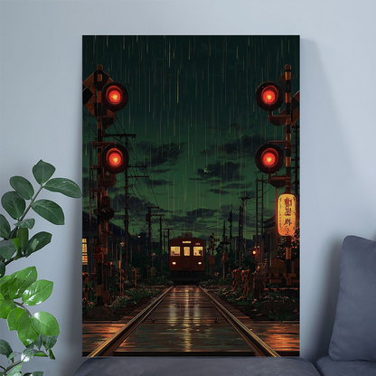 Japanese Train Crossing Poster, Rainy Night Wall Art In Cinematic Style For Bedroom Living Room Decor Style 4