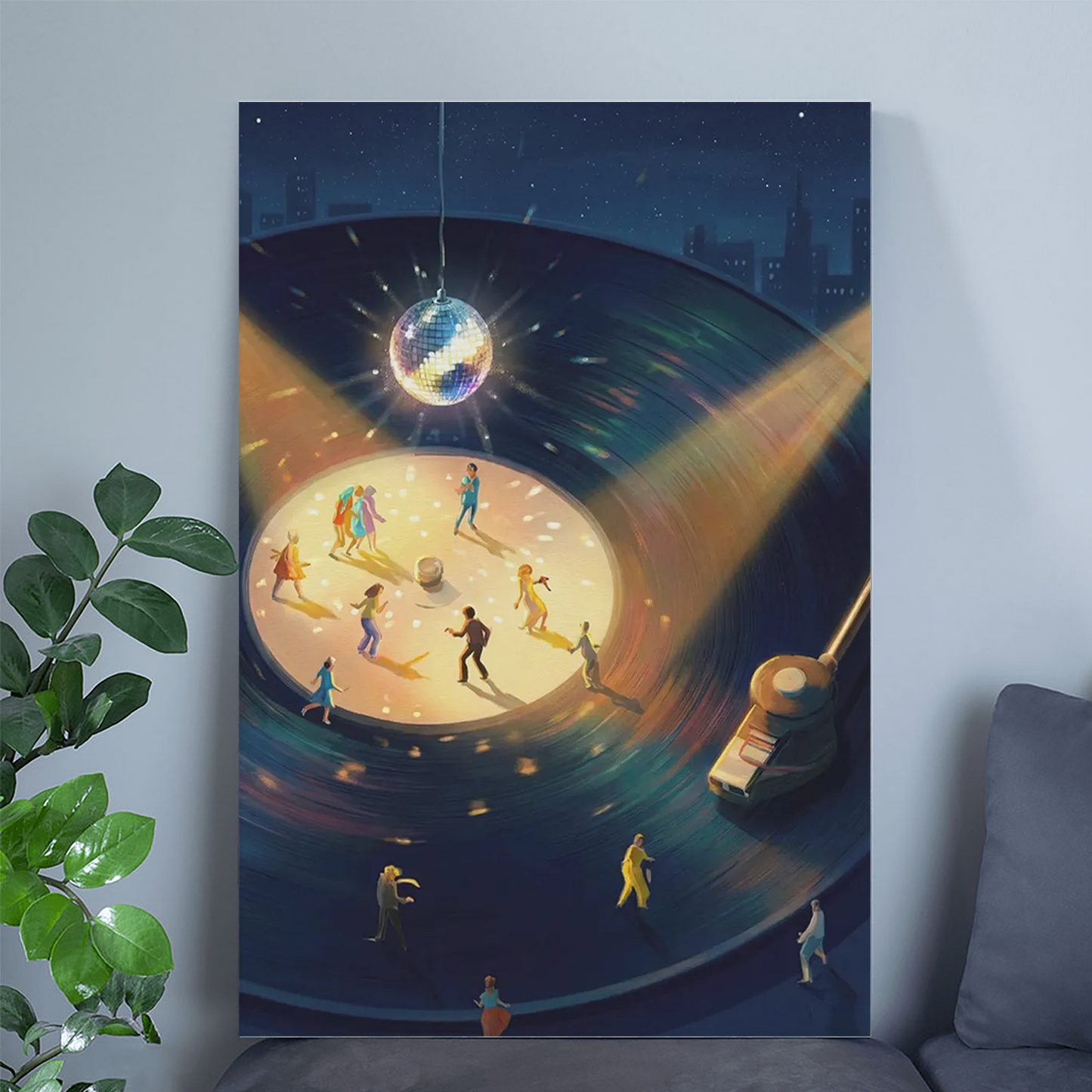 Disco Ball Art Print, Vinyl Record Player, Night Sky Party, Groovy 70s Wall Art, Tiny Dancers Illustration, Funky Music Poster
