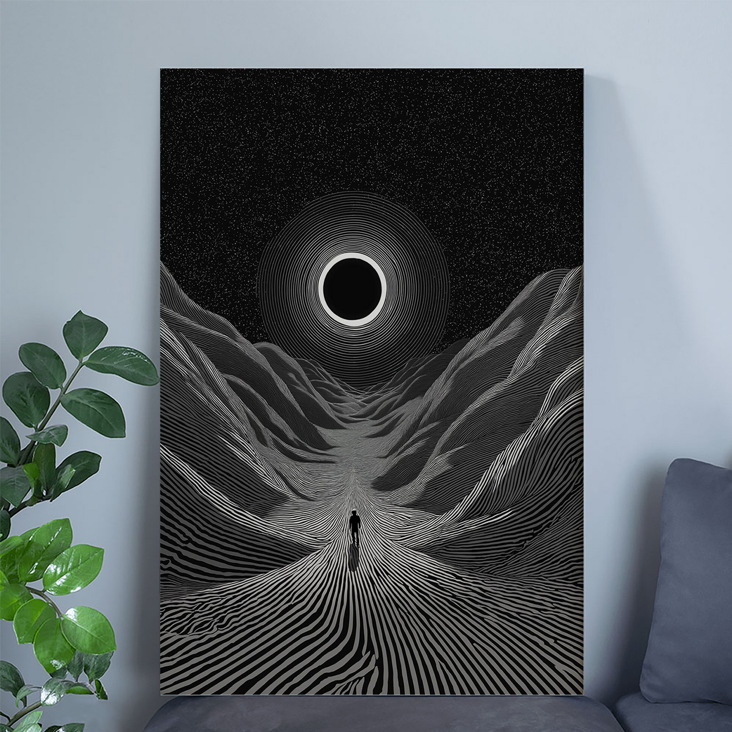 Minimalist Eclipse Wall Art - Black and White Surreal Landscape - Cosmic Path Artwork - Sci-Fi Furrealism Poster