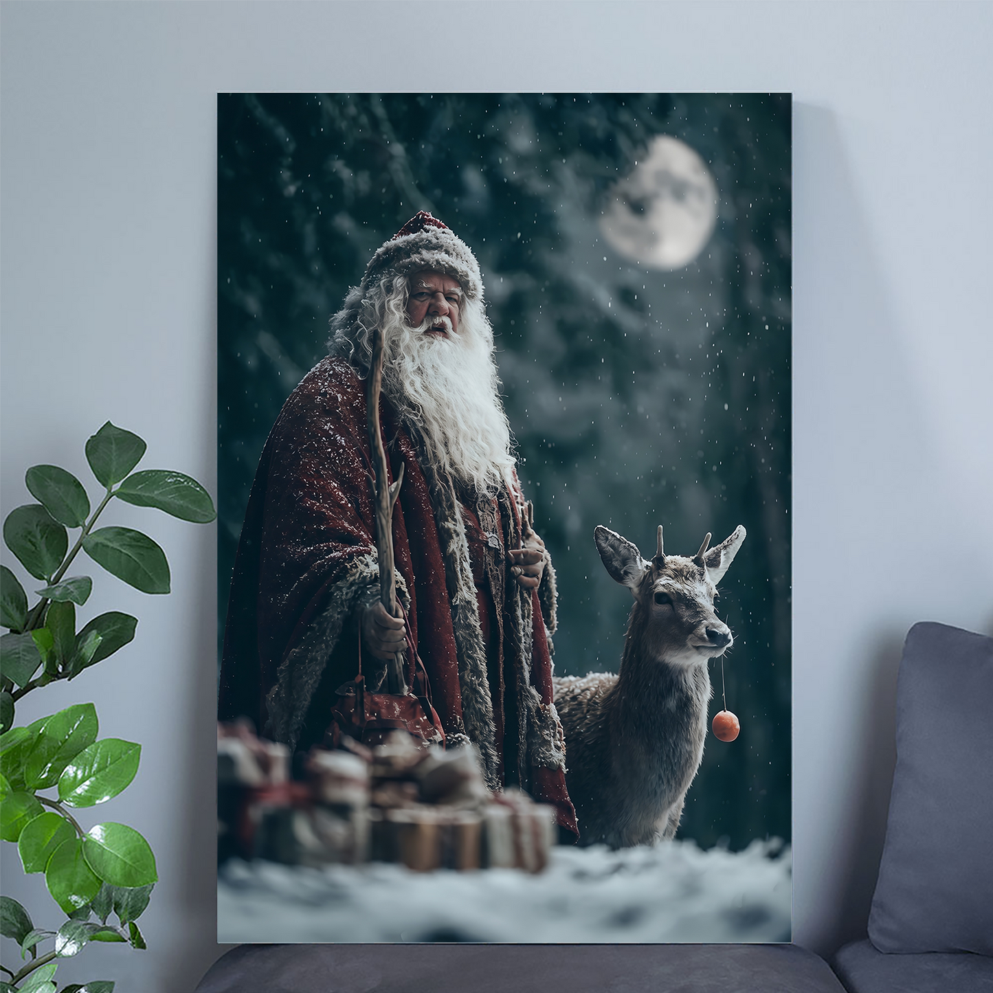 Nordic Santa and Reindeer Christmas Print: Enchanted Winter Poster, One Sheet Wall Size 24''x36''