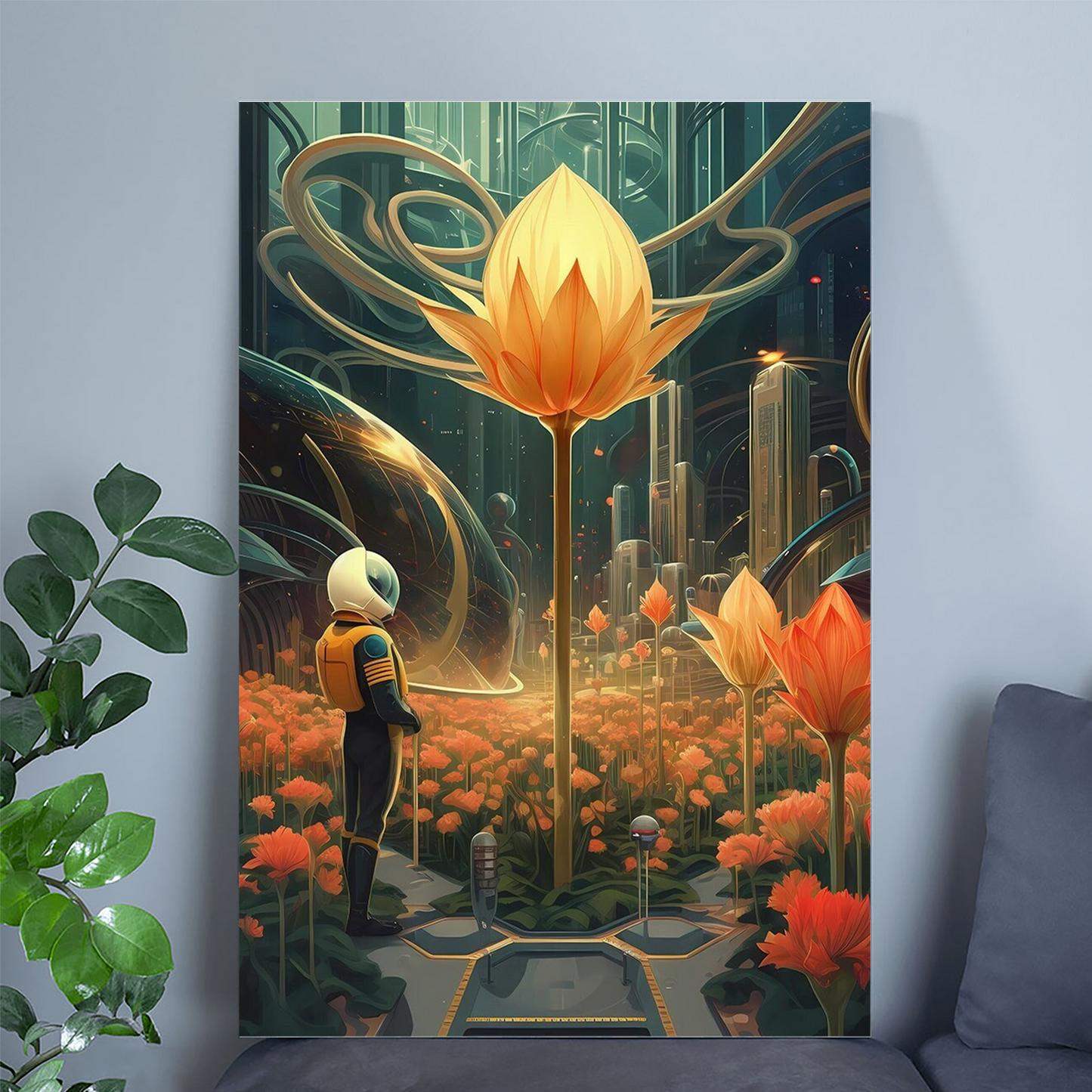 Nostalya - Futuristic City Art Print, Astronaut and Giant Flowers Poster, Sci-Fi Urban Landscape, Space Botanical Wall Art, Fine Art Poster