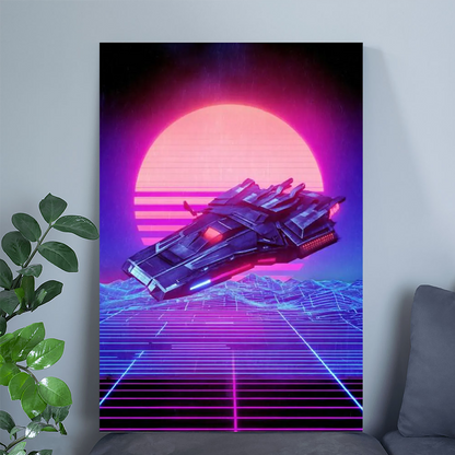 Synthwave Spaceship Art Print | Retro Futuristic Neon Poster | 80s Cyberpunk Sci Fi Gallery Wall for Vaporwave Gamer Man Cave Decor