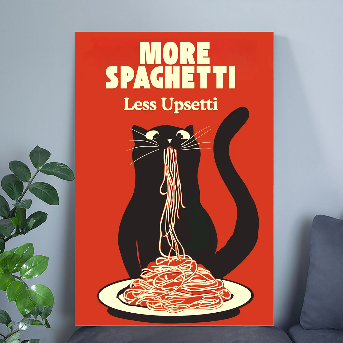 Hungry Cat Spaghetti Print, Humorous Poster, Funny Wall Art for Kitchen