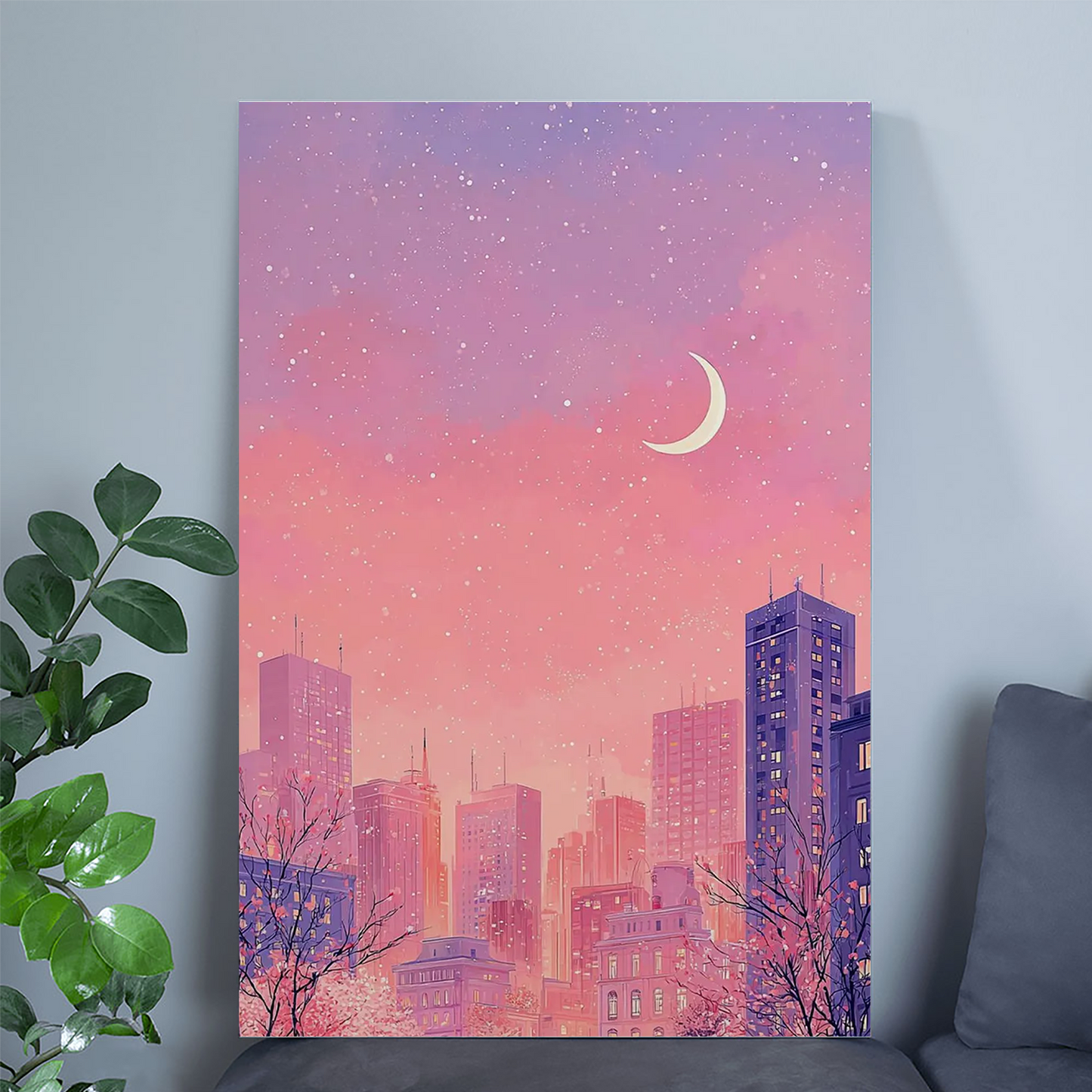 Lofi Cityscape Art Print, Pastel Pink Purple Wall Decor, Vaporwave Poster