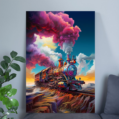 Surreal Colorful Steam Train Wall Art, Vibrant Fantasy Locomotive Poster, Psychedelic Cloud Landscape Decor