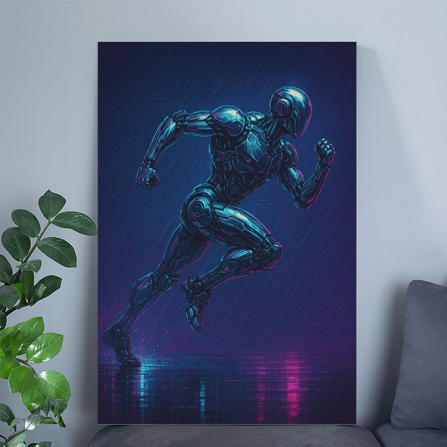 Mecha Runner at Dusk – Neon Cyberpunk Action Poster