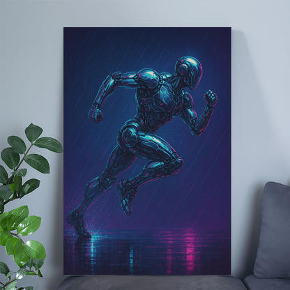 Mecha Runner at Dusk – Neon Cyberpunk Action Poster