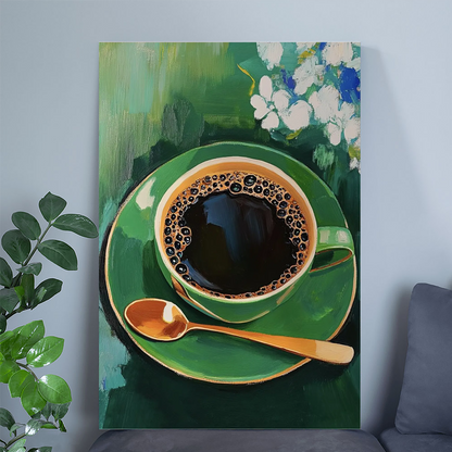 Elegant Coffee Lovers Art Print: Green Floral Kitchen Wall Decor - Unframed Trendy Poster