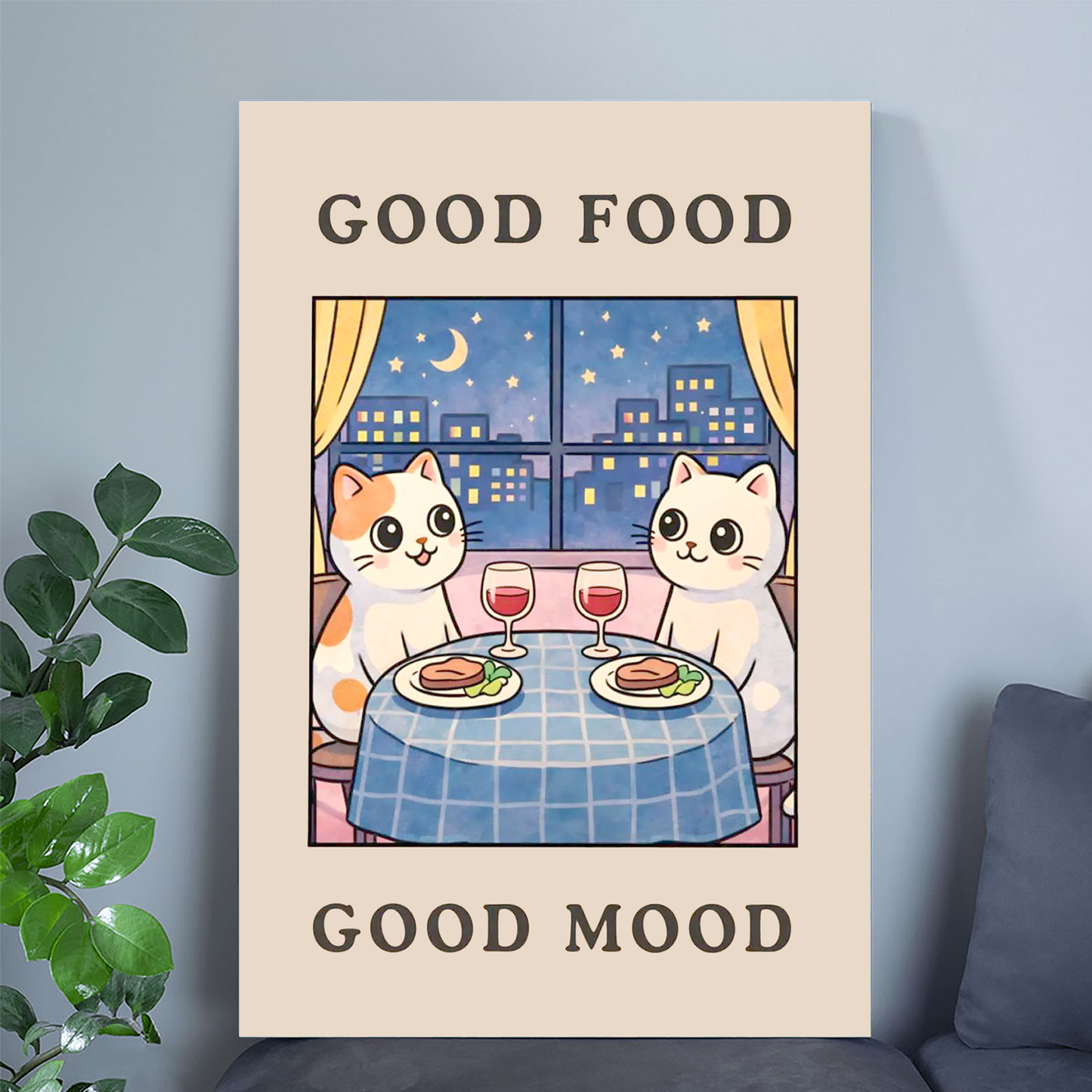 Good Food Good Mood - Cute Cat Kitchen Wall Art, Funny Dinner Poster, Cozy Dining Room Decor, Food Lover Gift Print