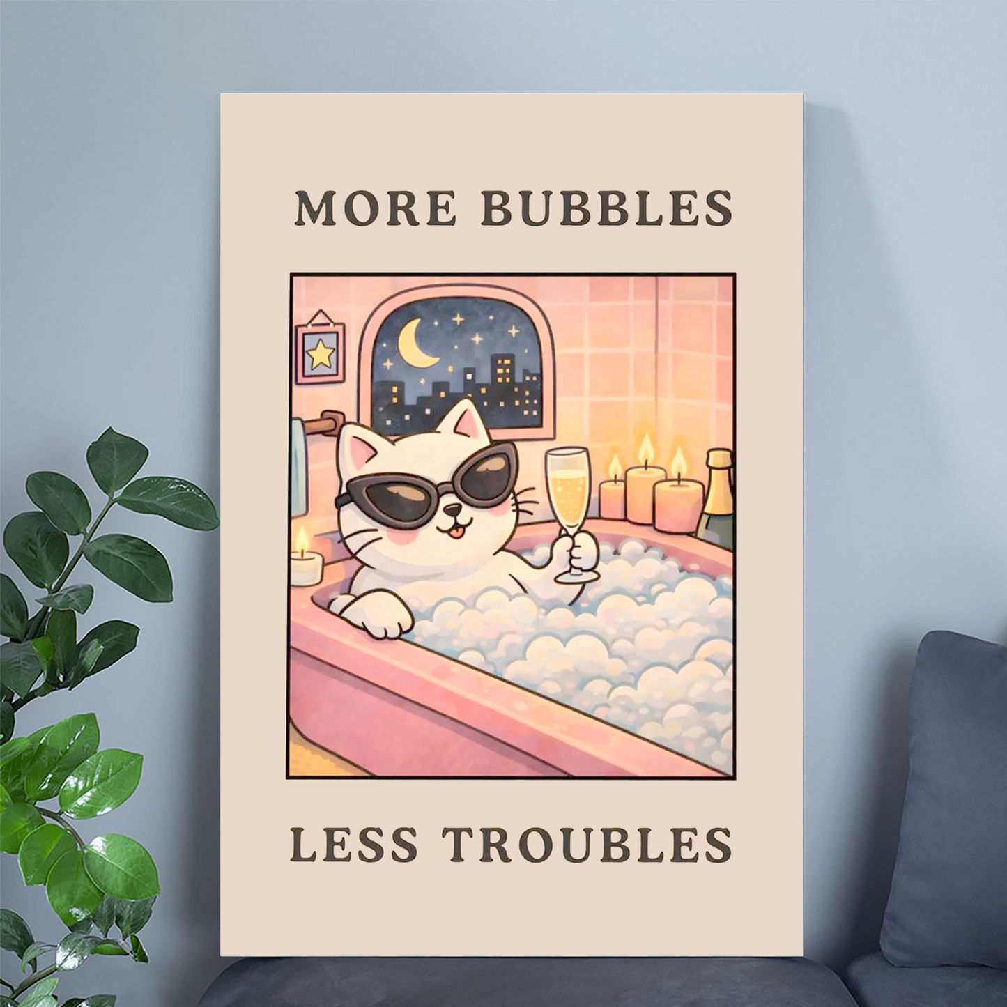 More Bubbles Less Troubles - Funny Bathroom Wall Art, Cute Cat Bathtub Print, Relaxation Humor Poster, Bathroom Decor Gift