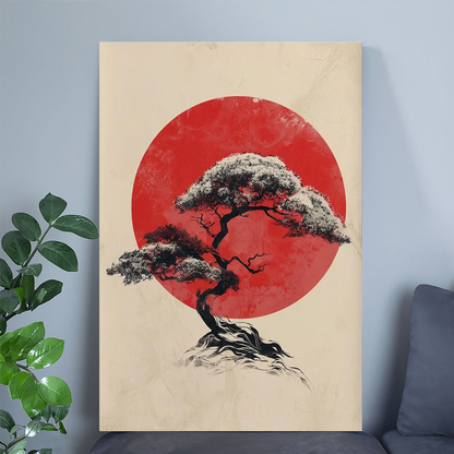Bonsai Tree with Red Sun Poster – Minimalist Japanese Wall Art