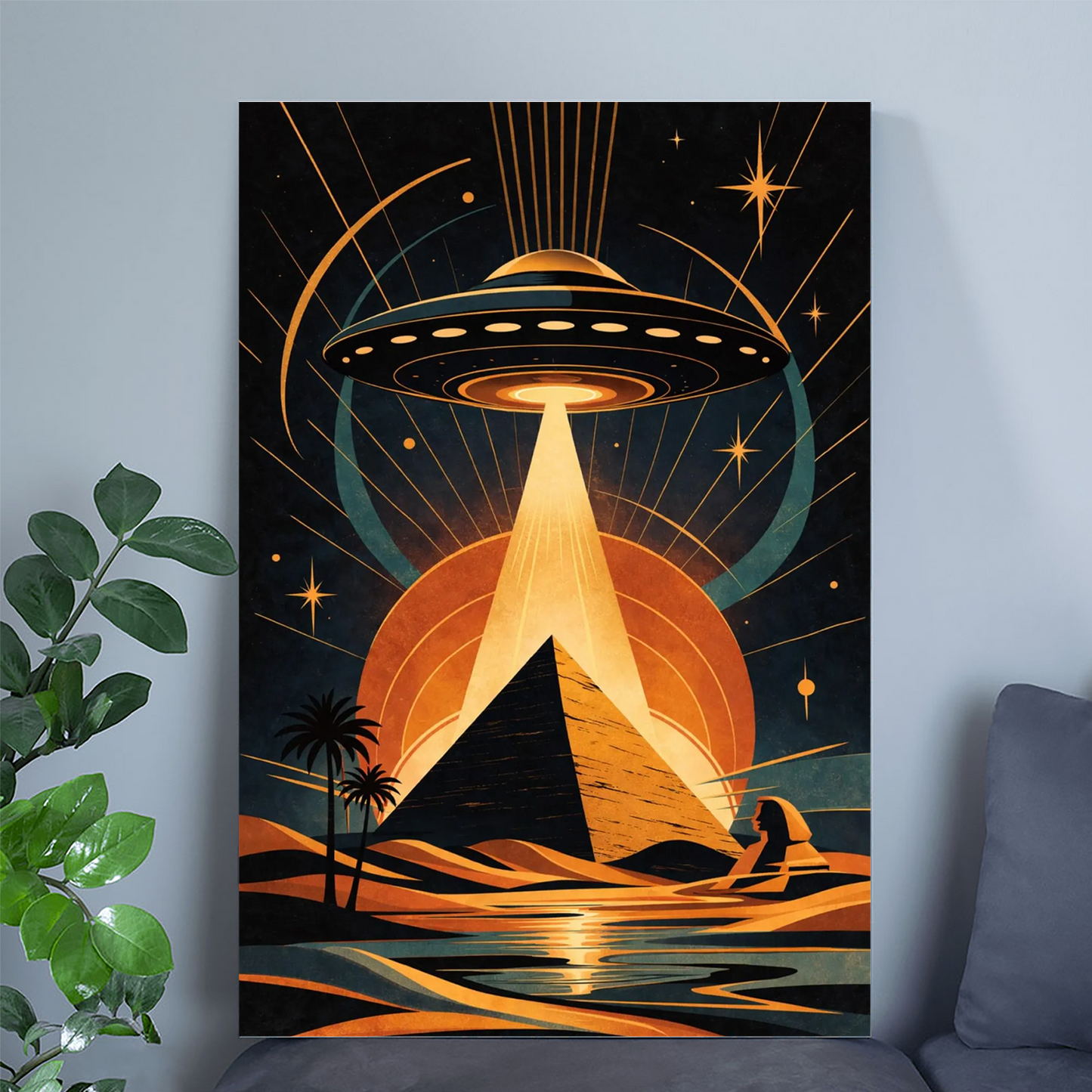 Retro Sci Fi UFO Pyramid Poster, Mid Century Cosmic Desert Art