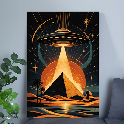 Retro Sci Fi UFO Pyramid Poster, Mid Century Cosmic Desert Art