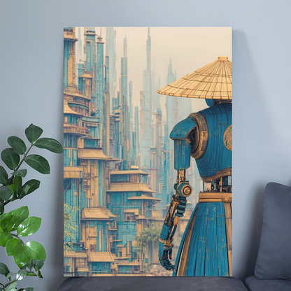 Silent City Watcher – Dreamy Sci-fi Wall Art – Contemplative Robot in Futuristic Metropolis – Retro Solarpunk Mood