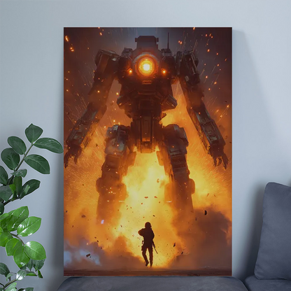 Giant Mech Battle Art Print - Sci Fi Robot Poster