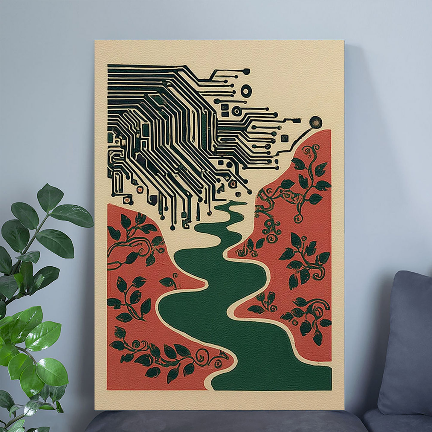 Circuit Board Landscape Print, Tech Nature Poster, Abstract River Art