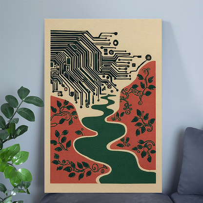 Circuit Board Landscape Print, Tech Nature Poster, Abstract River Art
