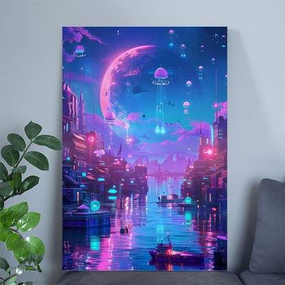 Sci-Fi Sky Poster, Neon Cyberpunk Cityscape, Vaporwave Wall Art