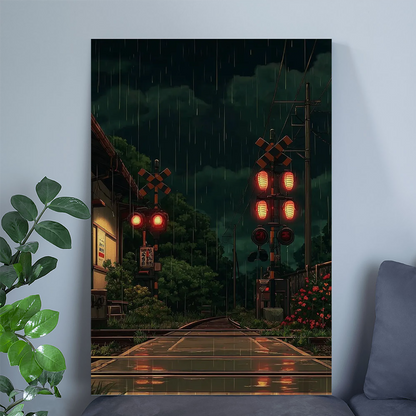 Japanese Train Crossing Poster, Rainy Night Wall Art In Cinematic Style For Bedroom Living Room Decor Style 1