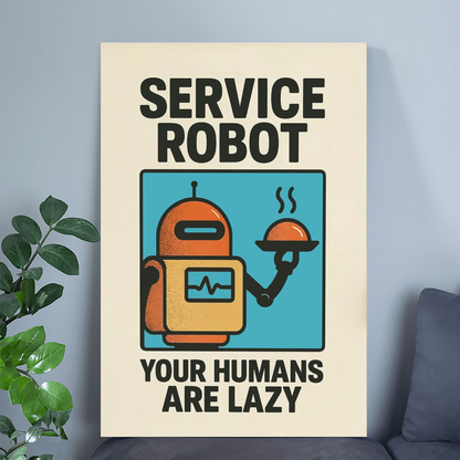 Funny Service Robot Artful Poster – Lazy Human Quote Wall Art, Minimal Typography Print, Modernism Digital Download Print