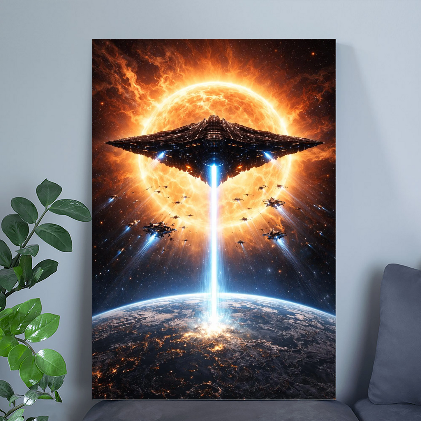 Gigantic Alien Mothership Firing Energy Beam Toward Earth | Sci-Fi Space Poster