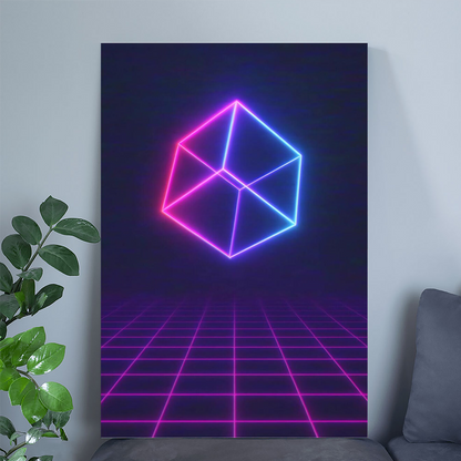 Neon Cube Art Print – Synthwave Purple Grid Poster
