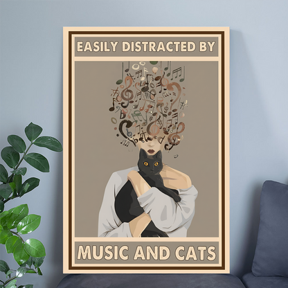 Home Decor- Black Cat Easily Distracted By Music And Cats Poster, One Sheet Wall Size 24''x36''
