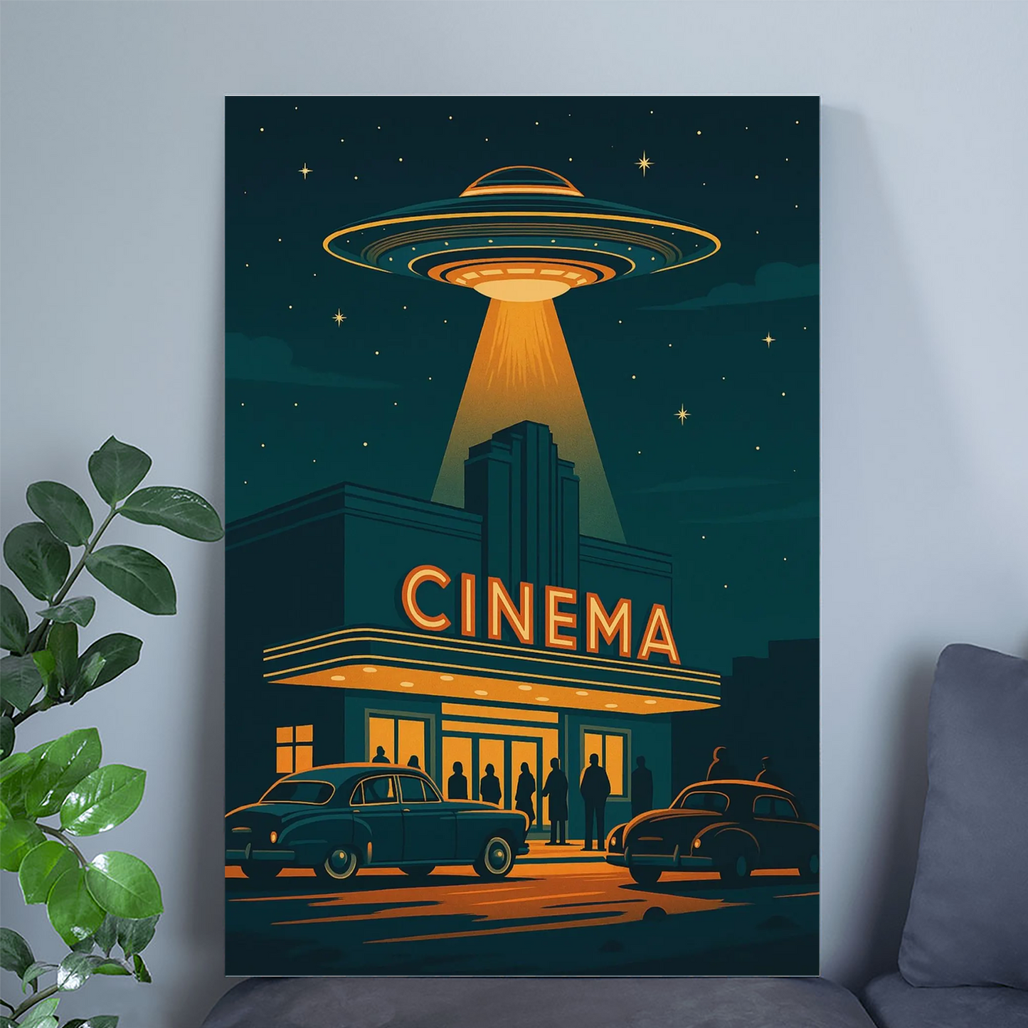 Retro UFO Cinema Poster, Mid Century Sci Fi Wall Art, Space Age Illustration