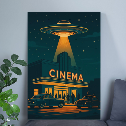 Retro UFO Cinema Poster, Mid Century Sci Fi Wall Art, Space Age Illustration