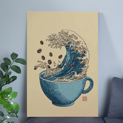 Coffee Wave Wall Art Print, Blue Coffee Cup Poster with Ocean Design, Japanese Inspired Artwork, Cafe Kitchen Decor