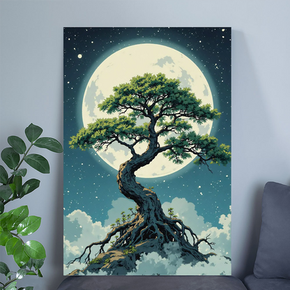 Mystical Bonsai Tree Art Print | Fantasy Moon & Clouds | Japanese Zen Wall Decor | Dreamy Night Sky Poster