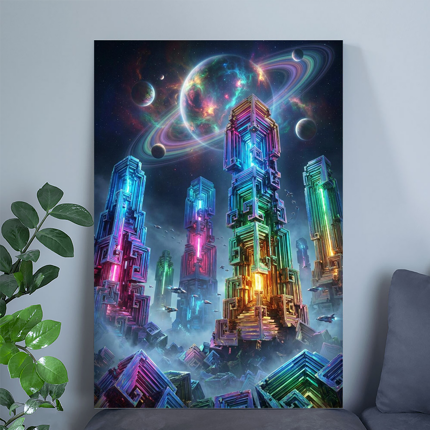 Bismuth Crystal Sci Fi Wall Art, Surreal Alien City Print, Neon Space Poster, Cyberpunk Gaming Room Decor