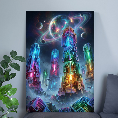 Bismuth Crystal Sci Fi Wall Art, Surreal Alien City Print, Neon Space Poster, Cyberpunk Gaming Room Decor