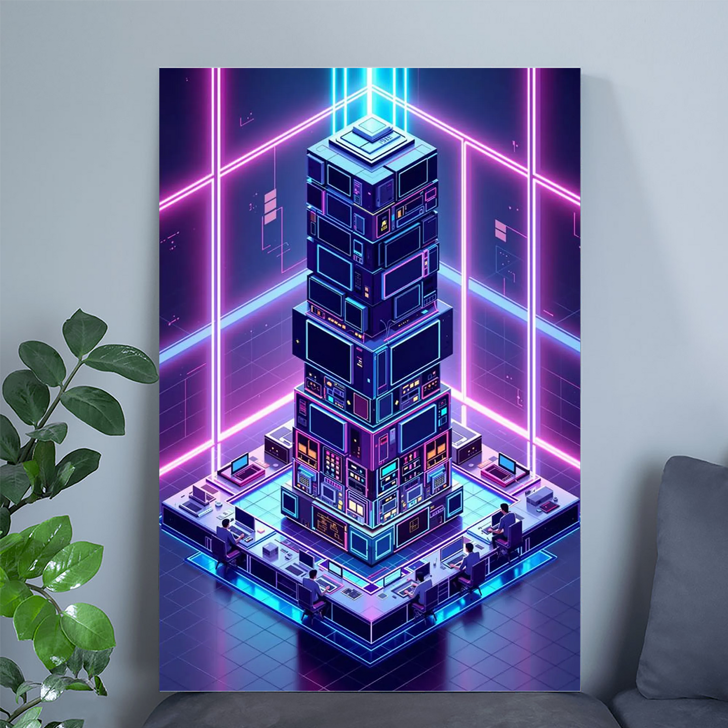 Retro Futurism Computer Lab Poster Isometric Neon Tech Wall Art Retro Future Poster