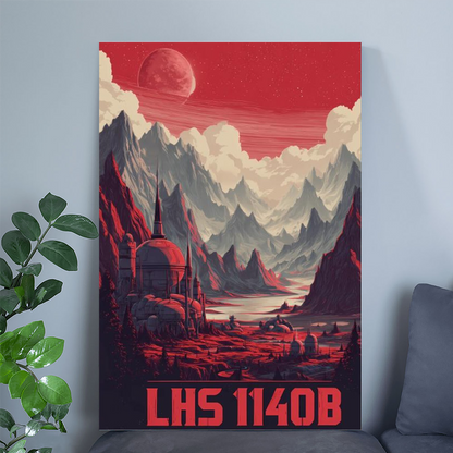 Futuristic LHS 1140B Travel Poster Retro Futurism Sci Fi Super Earth Illustration Space Colony Alien Landscape Retro Cosmic Style 4 Wall Poster
