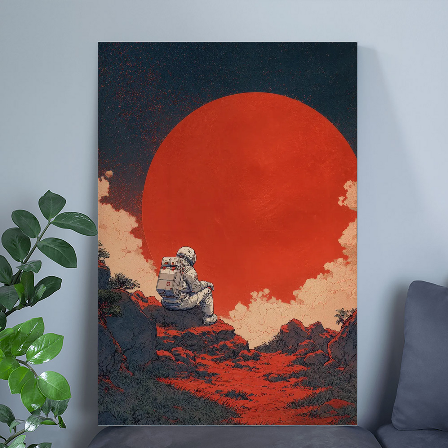 Astronaut Sitting By Red Sun, Japanese Retrofuturism Poster