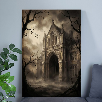 Vintage Haunted House Print, Victorian Gothic Mansion Wall Art, Dark Academia Gothic Architecture, Antique House Print, Sepia Art